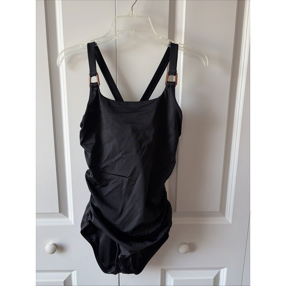 Lands' End Women's Size 12 Black Ruched Slimming Shaping Square Neck Swimsuit